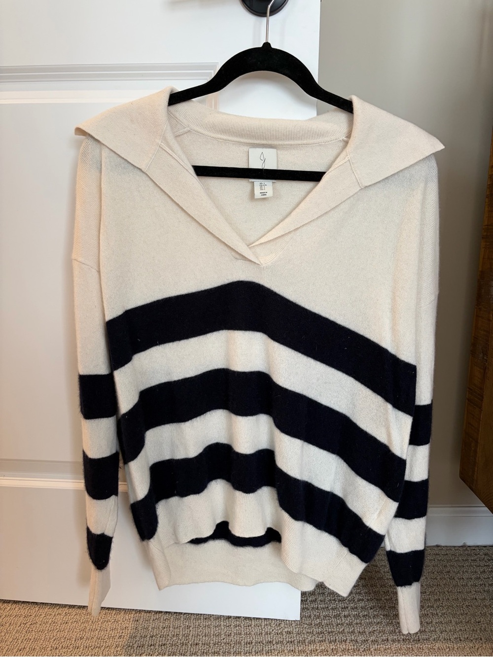 100% Cashmere Striped Sailor Collar Women’s Sweater - Ivory & Navy